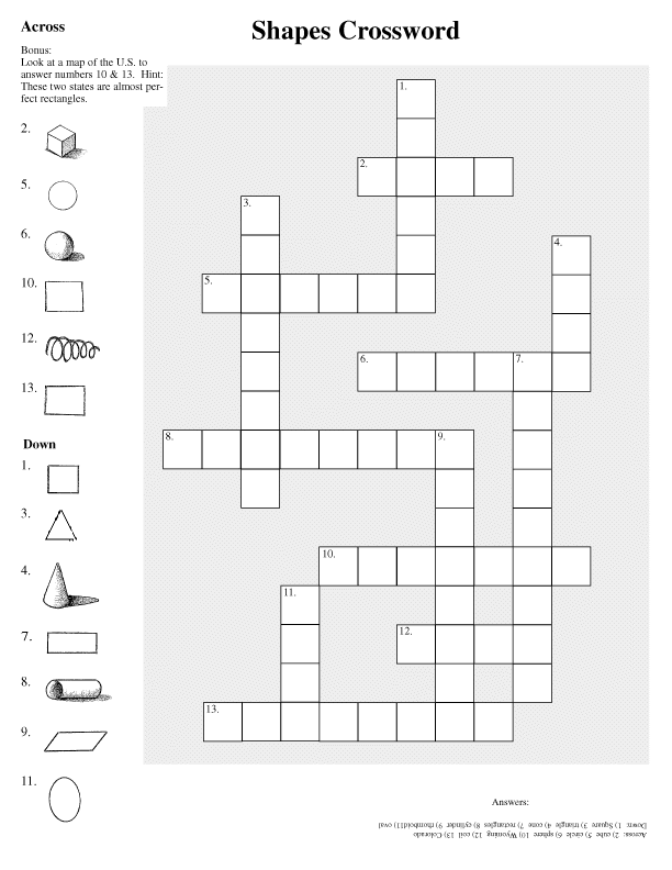 Shapes Crossword Puzzle for 2nd graders and up.
